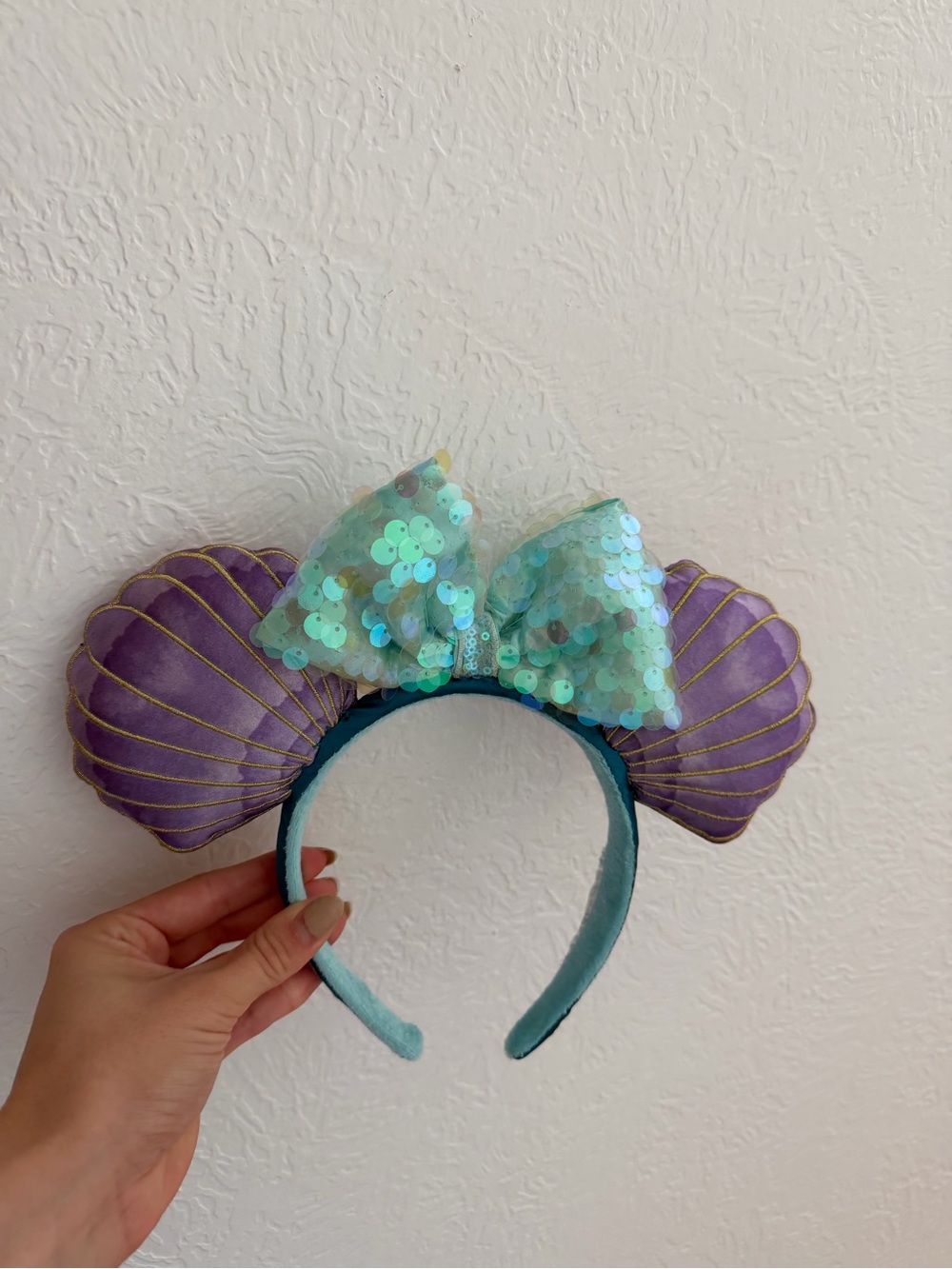 Disney Teal Sequin Bow Purple Shell Ear Headband